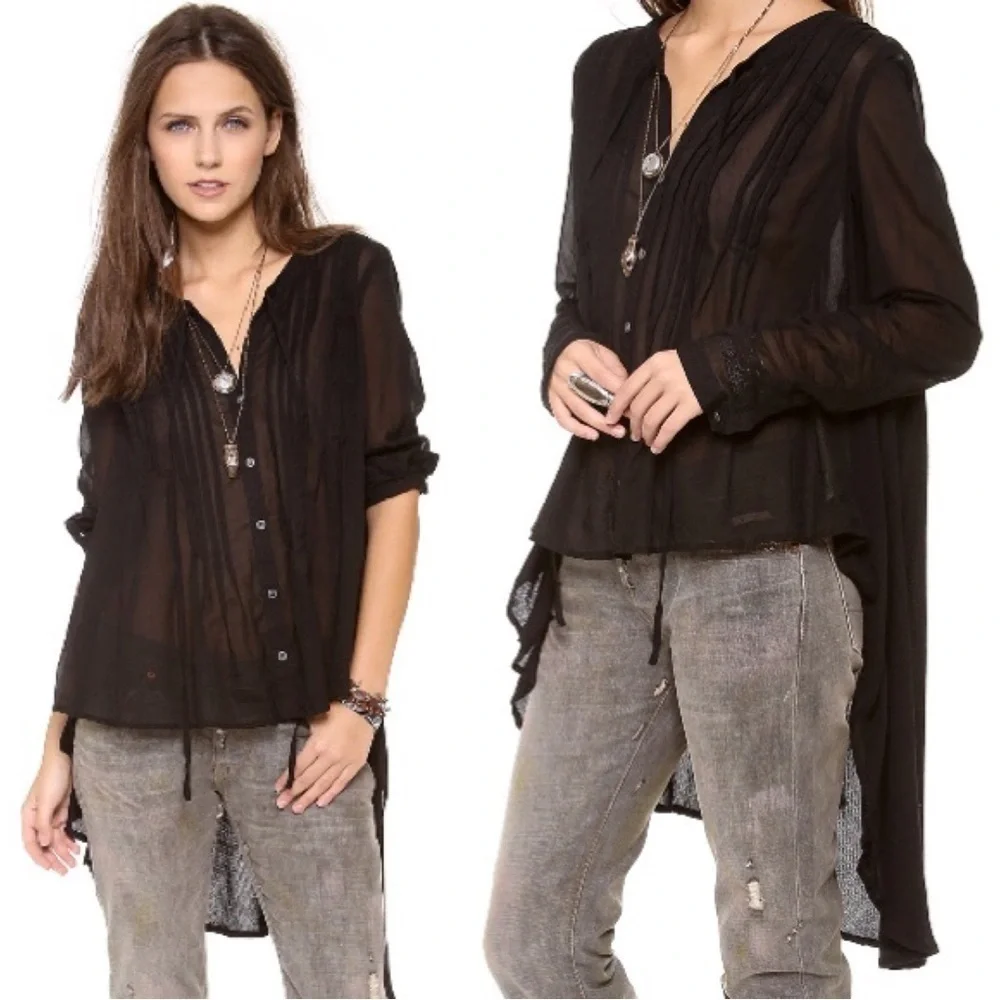 Free People • Sisters of the Moon blouse sheer black batiste high low pintuck